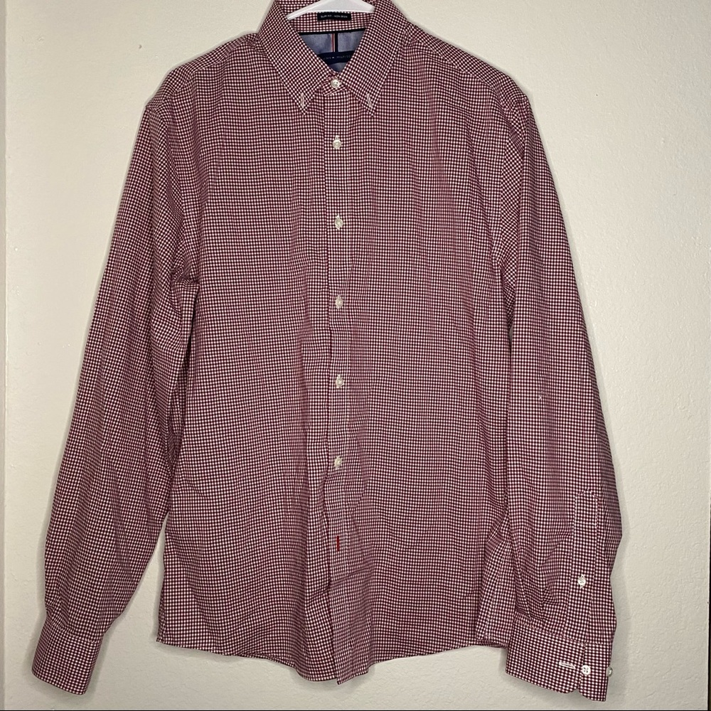 Tommy Hilfiger button down red white plaid long sleeve shirt